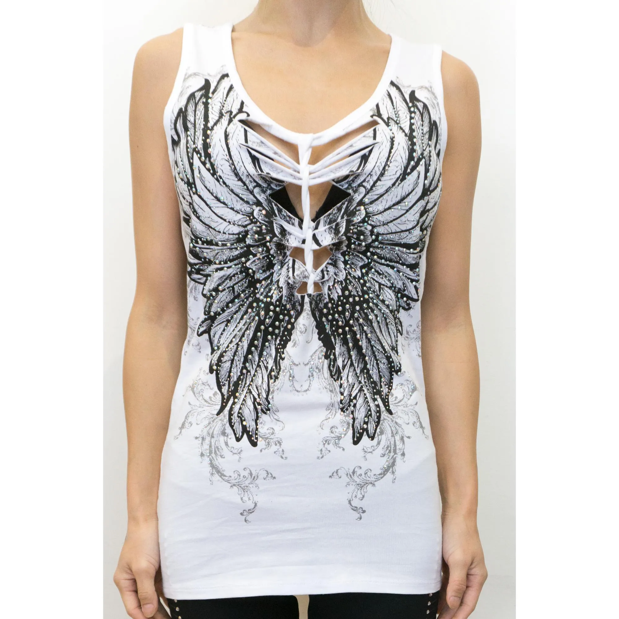 2278 Women’s Angel Wings White V Neck Top