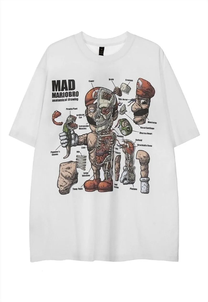 Anatomy cartoon t-shirt Zombie game graffiti retro top white