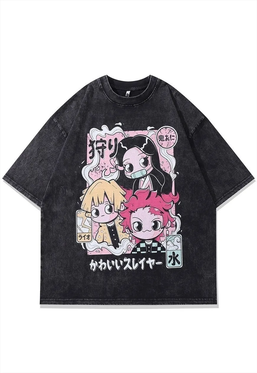 Anime t-shirt Japanese cartoon tee vintage wash top in grey