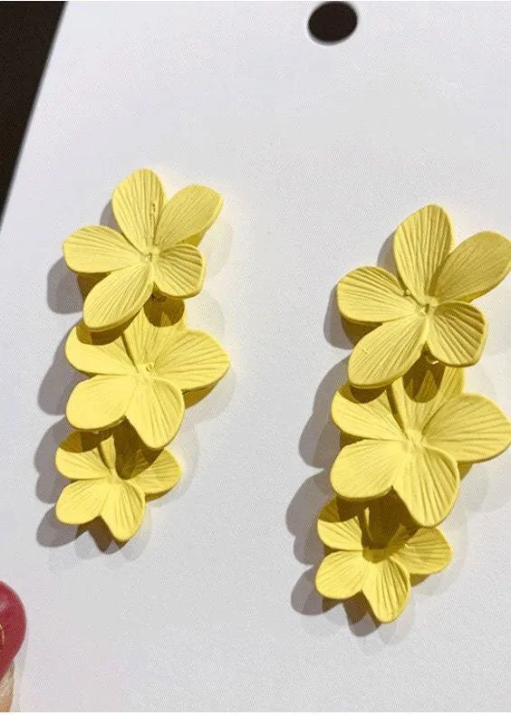 Beautiful Yellow Floral Layered Design Metal Drop Earrings HE1013