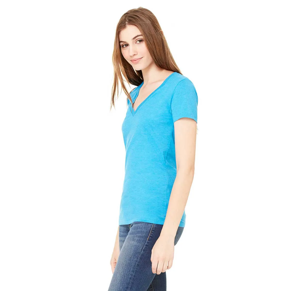 Bella   Canvas Women's Turquoise Jersey Short-Sleeve Deep V-Neck T-Shirt