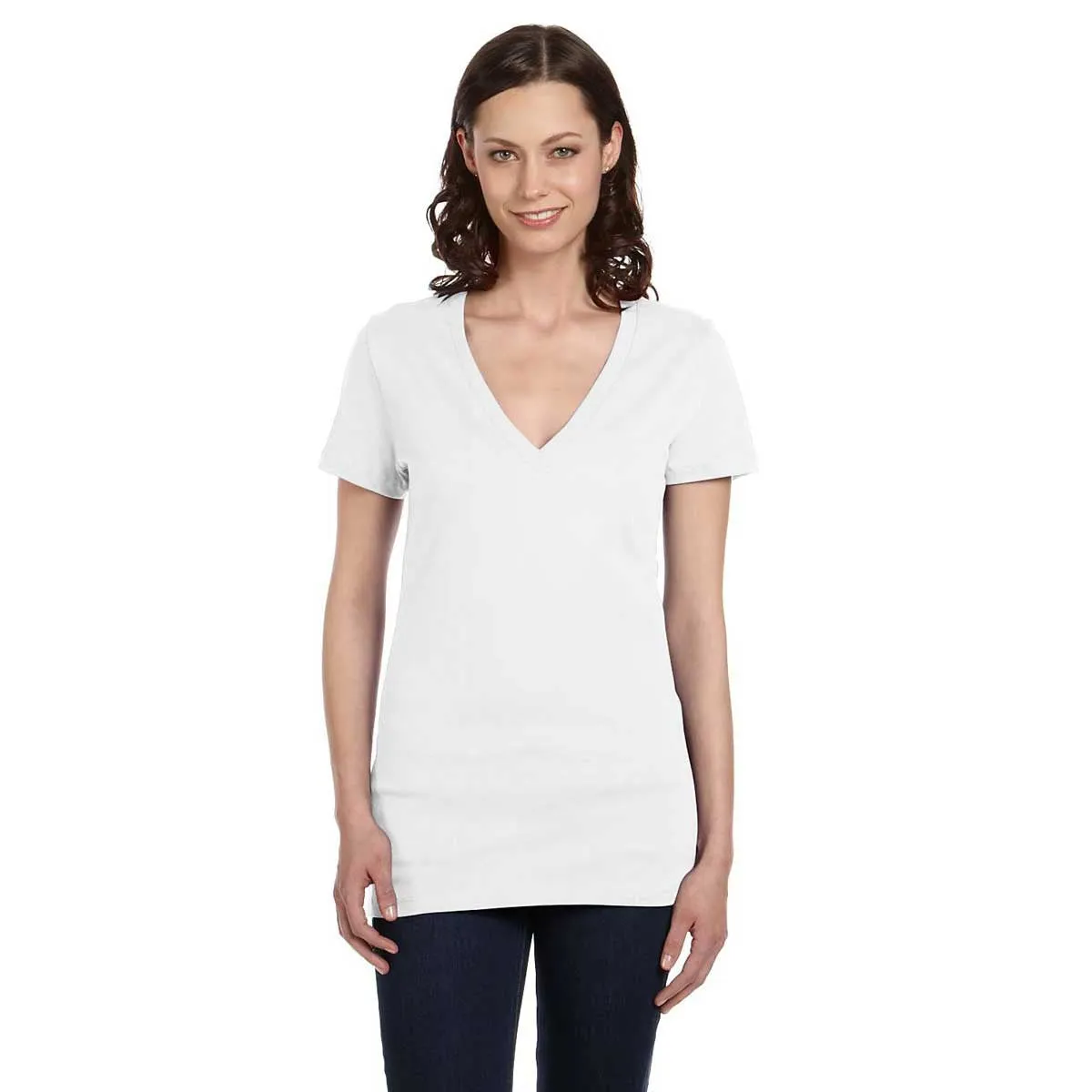 Bella   Canvas Women's White Jersey Short-Sleeve Deep V-Neck T-Shirt