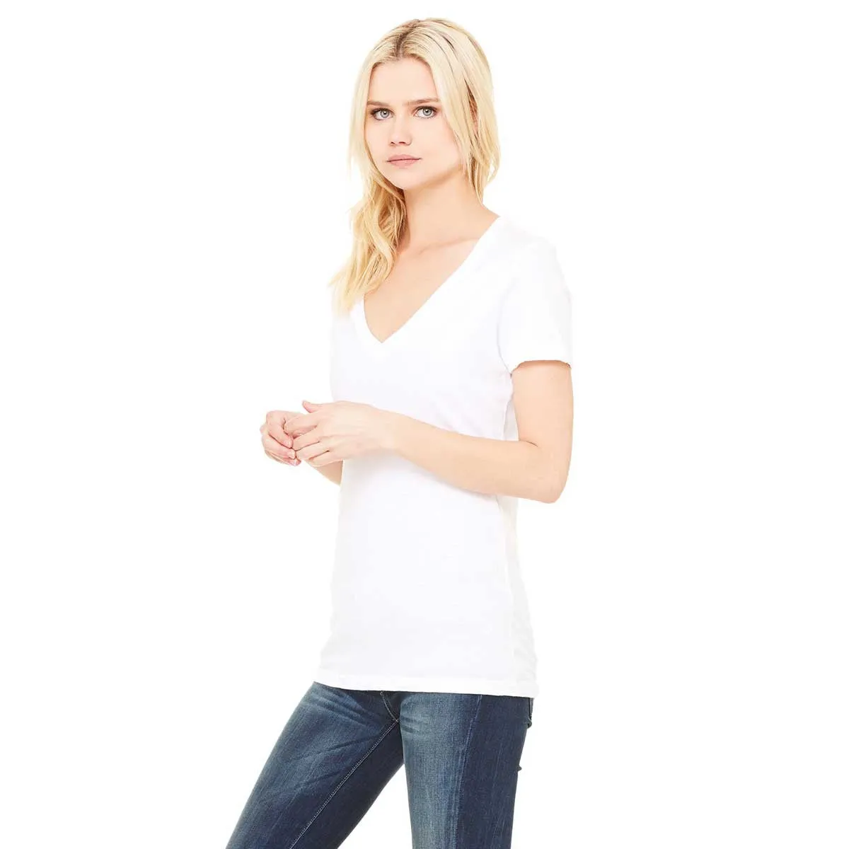 Bella   Canvas Women's White Jersey Short-Sleeve Deep V-Neck T-Shirt