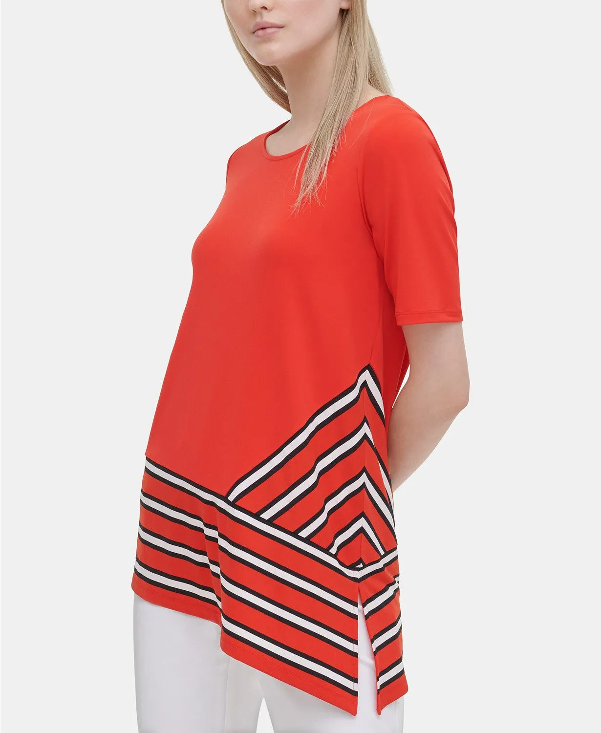 Calvin Klein Women's Placed-Print Asymmetric Jersey Top, Tango Red, XS