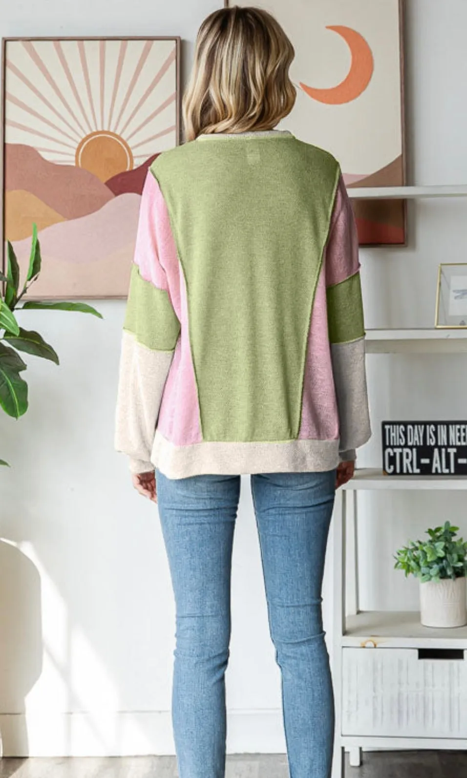 Carlia Avocado Honeycomb Knit Raw Edge Long Sleeve Top