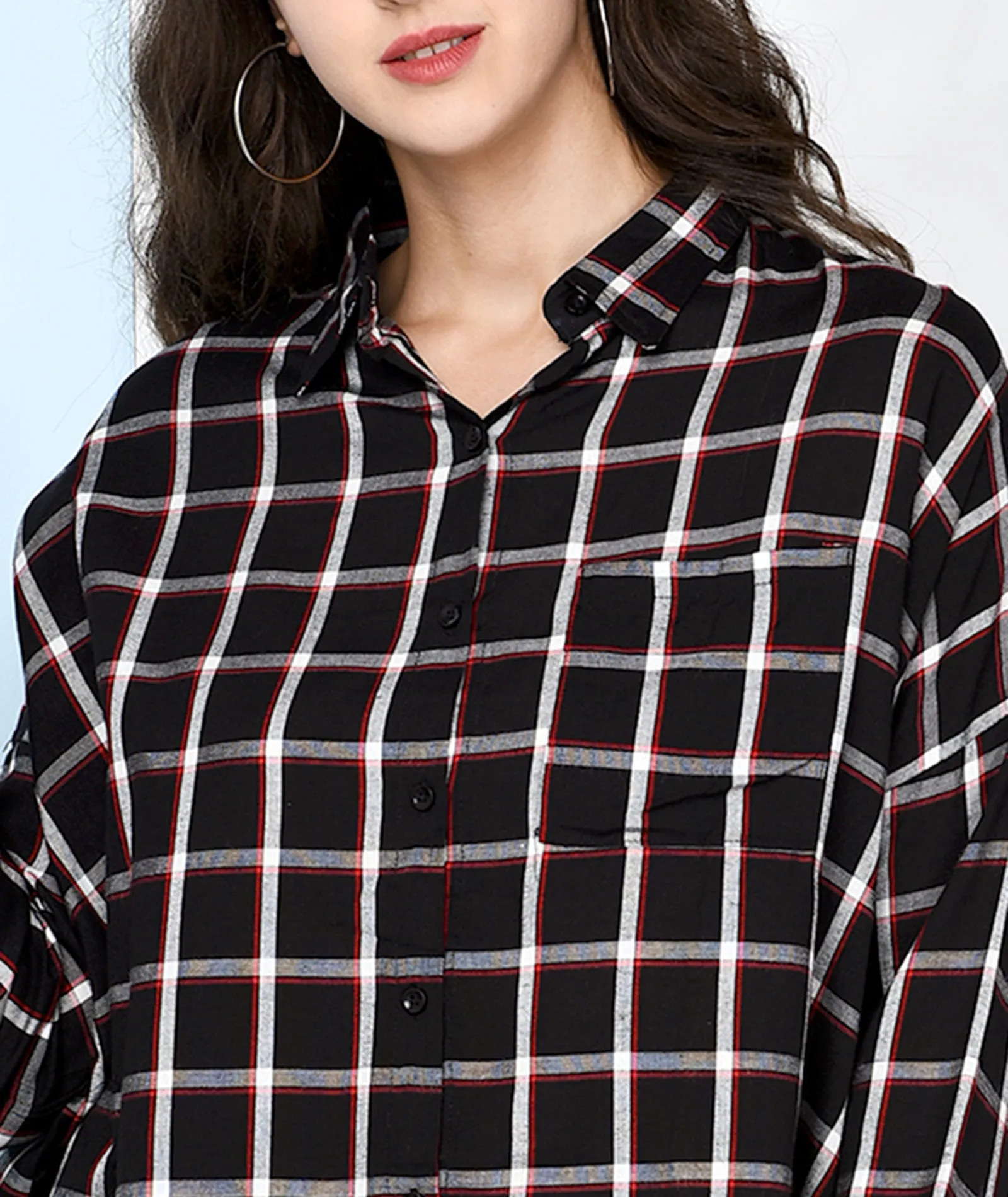 Chimpaaanzee Women Black and Red Viscose Oversized Checkered Shirt