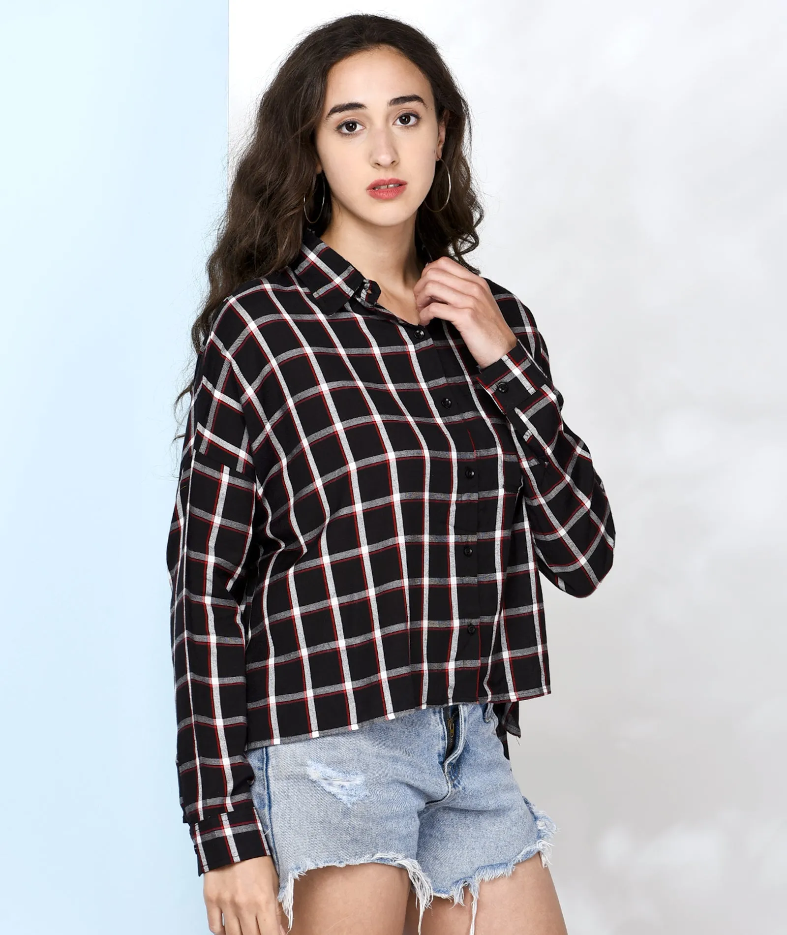 Chimpaaanzee Women Black and Red Viscose Oversized Checkered Shirt