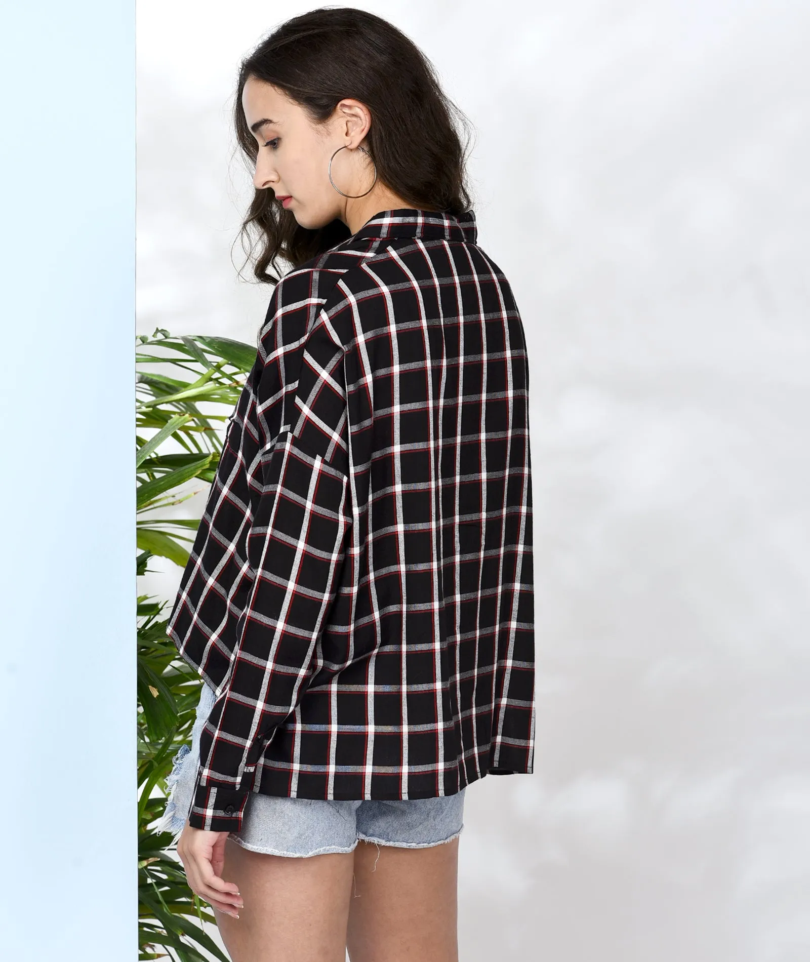 Chimpaaanzee Women Black and Red Viscose Oversized Checkered Shirt