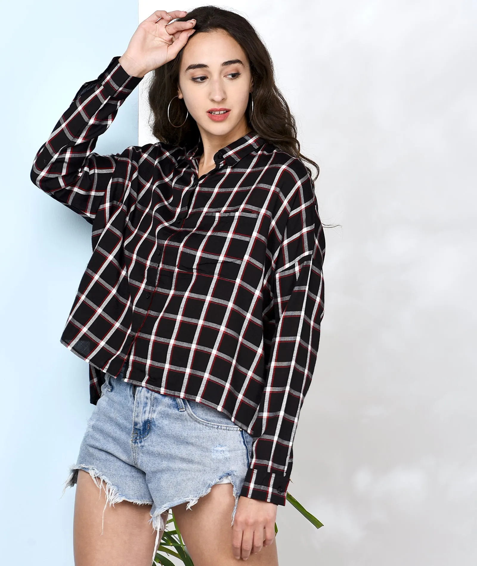 Chimpaaanzee Women Black and Red Viscose Oversized Checkered Shirt