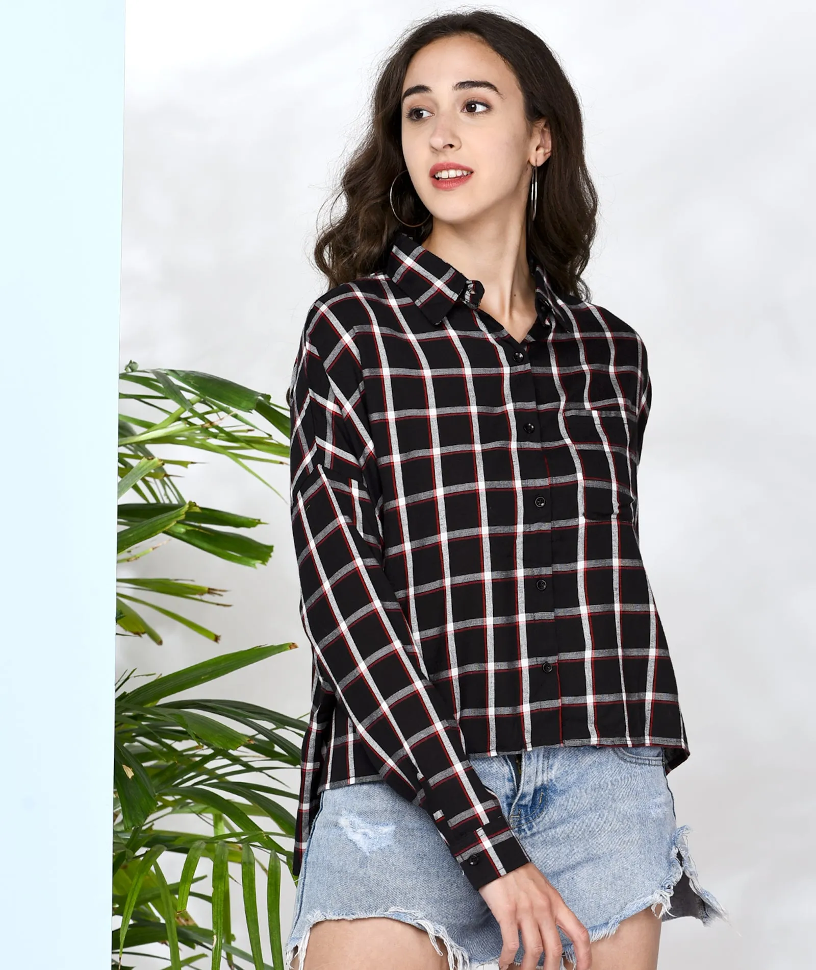 Chimpaaanzee Women Black and Red Viscose Oversized Checkered Shirt