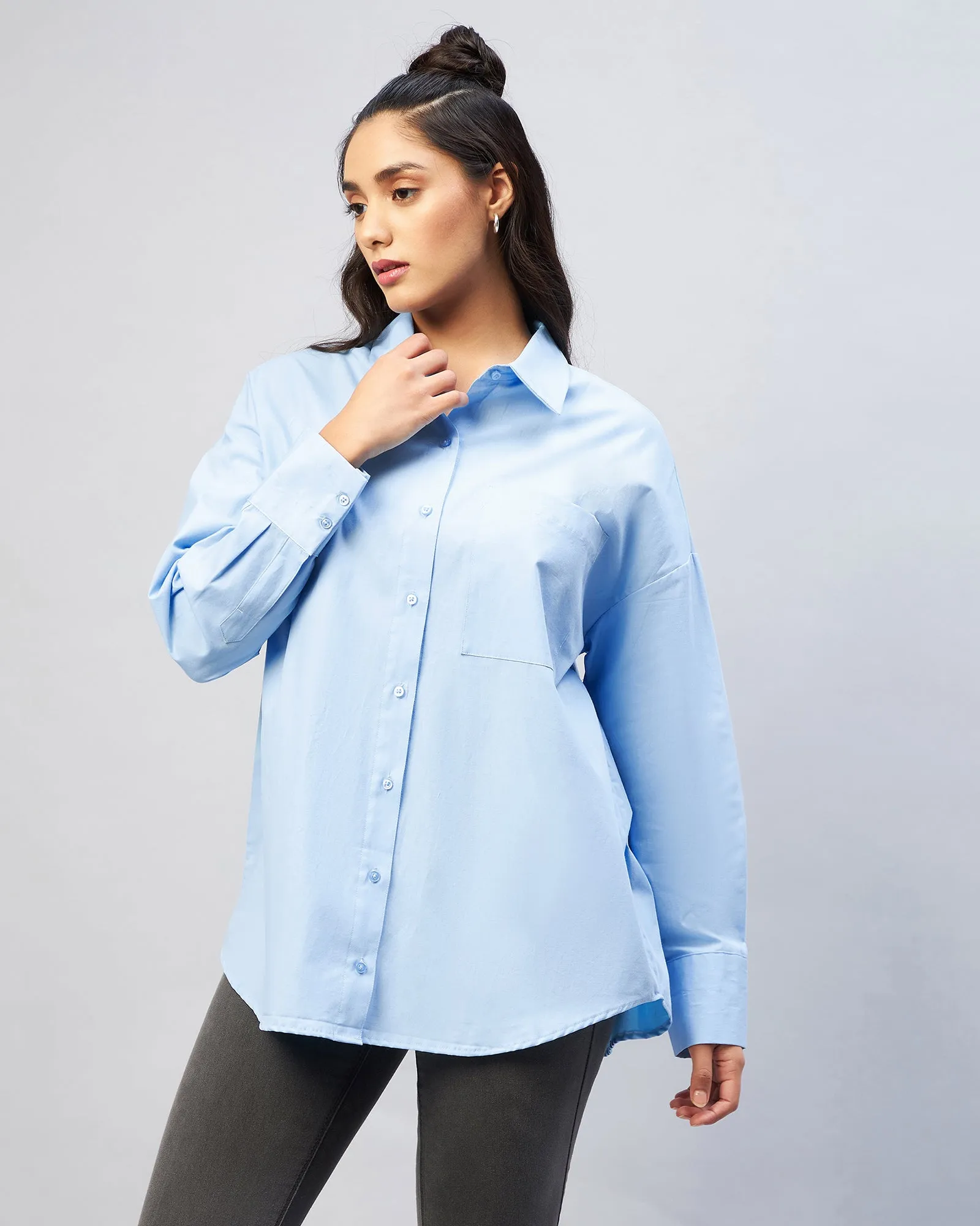 Chimpaaanzee Women Cotton Light Blue Solid Oversize Fit Shirt