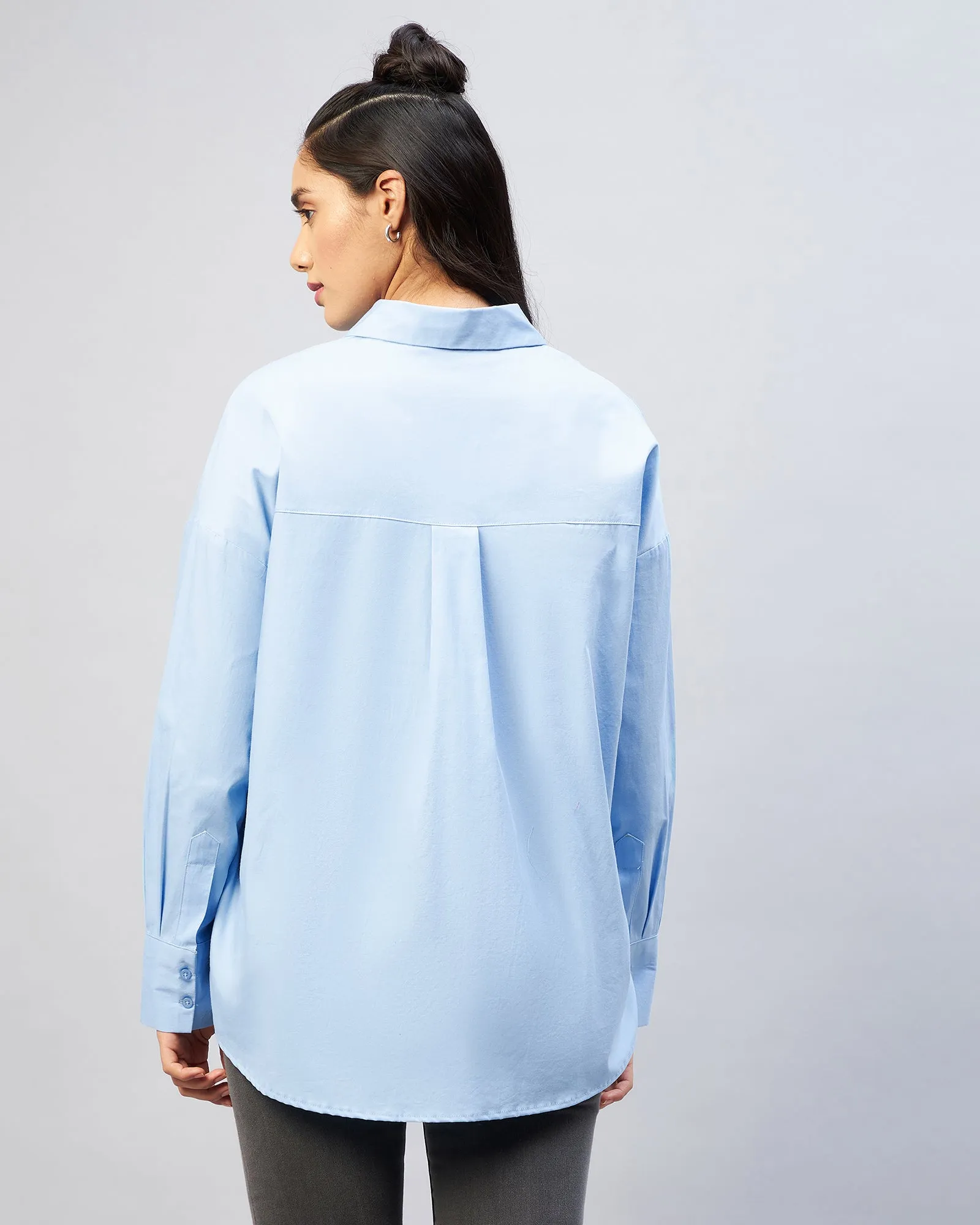 Chimpaaanzee Women Cotton Light Blue Solid Oversize Fit Shirt