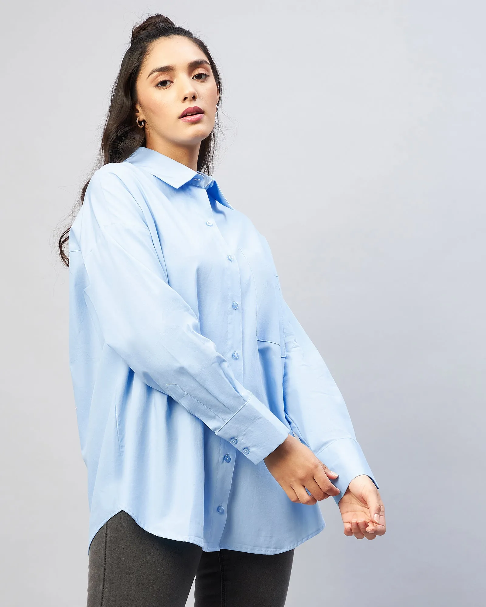 Chimpaaanzee Women Cotton Light Blue Solid Oversize Fit Shirt