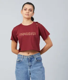 Chimpaaanzee Women Maroon Ribbed Style Crop T-shirt