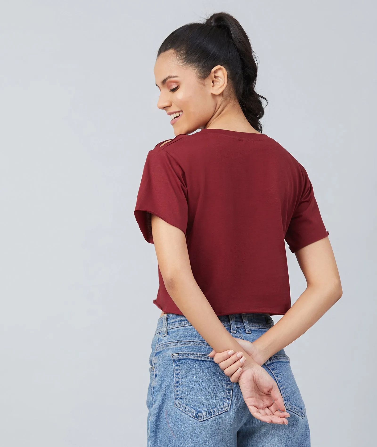 Chimpaaanzee Women Maroon Ribbed Style Crop T-shirt