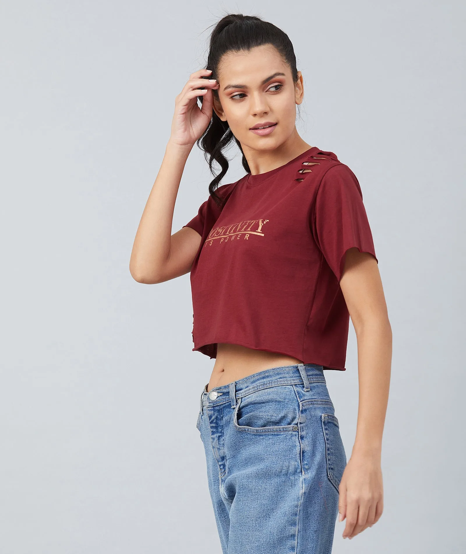 Chimpaaanzee Women Maroon Ribbed Style Crop T-shirt