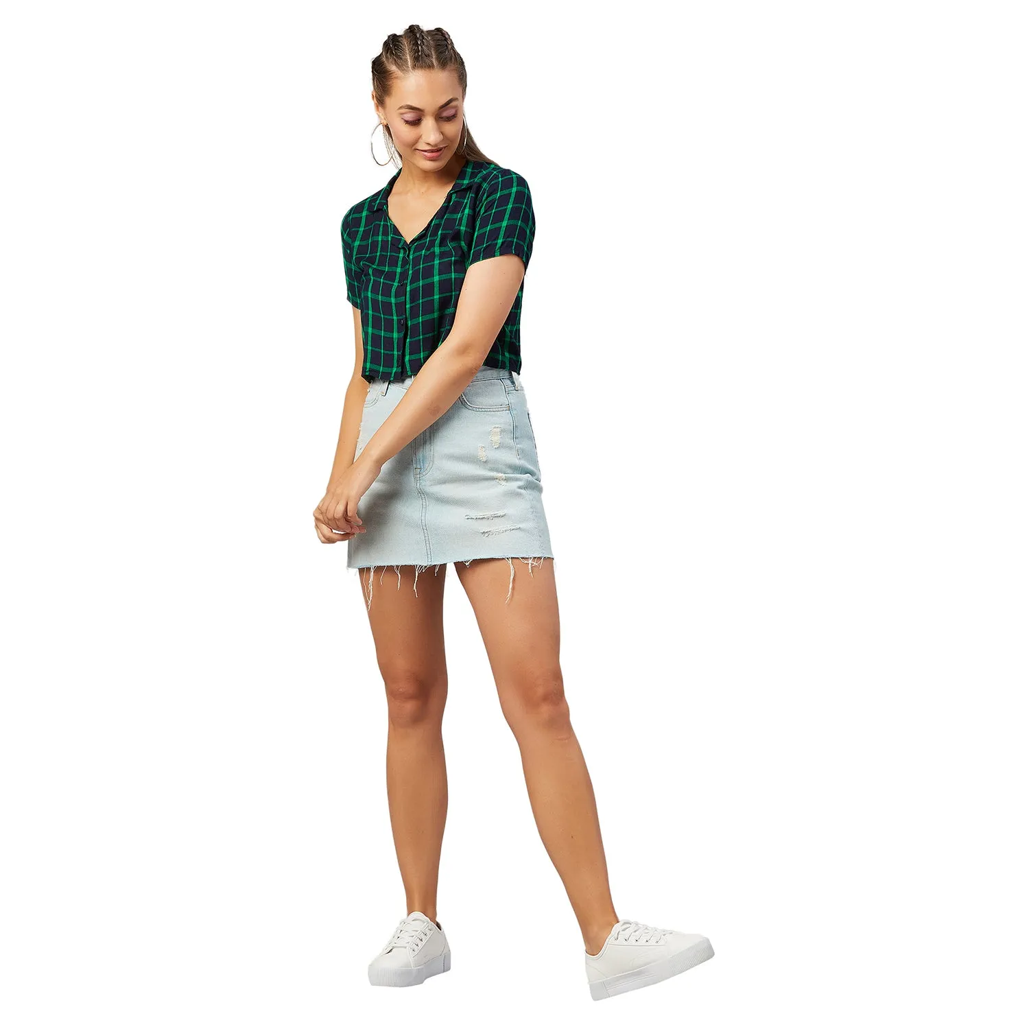 Chimpaaanzee Women Navy and Green Checkered Viscose Crop Shirt