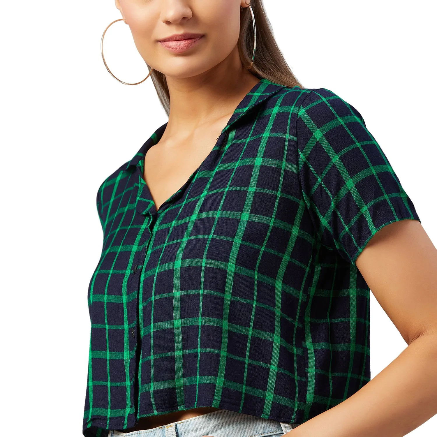 Chimpaaanzee Women Navy and Green Checkered Viscose Crop Shirt