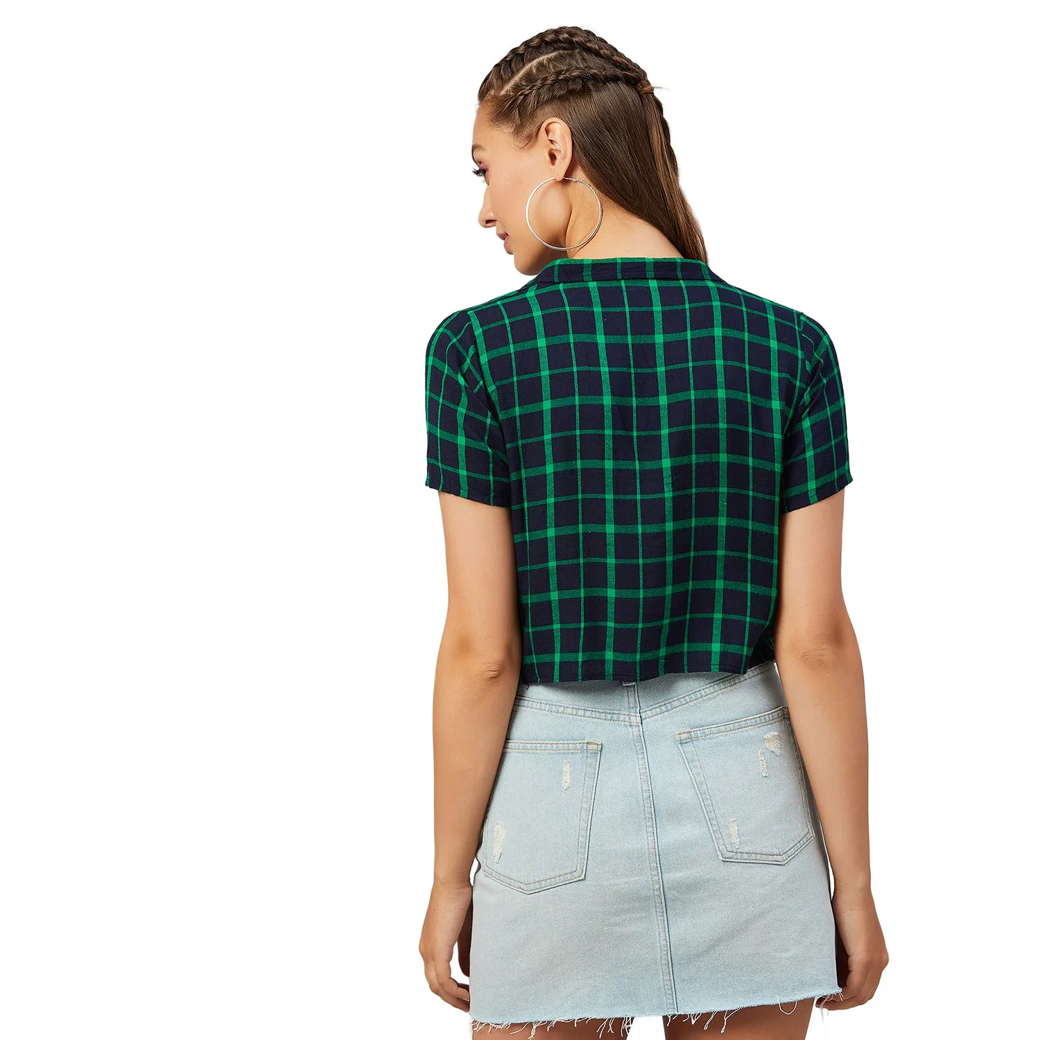 Chimpaaanzee Women Navy and Green Checkered Viscose Crop Shirt