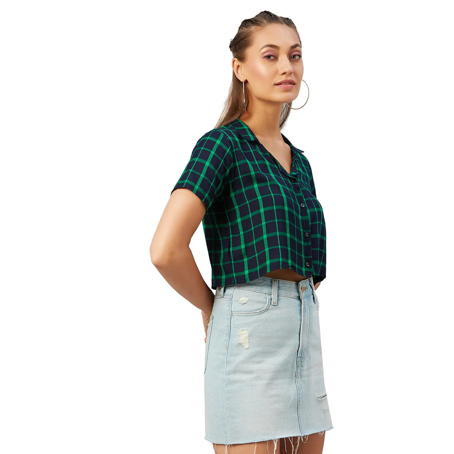 Chimpaaanzee Women Navy and Green Checkered Viscose Crop Shirt