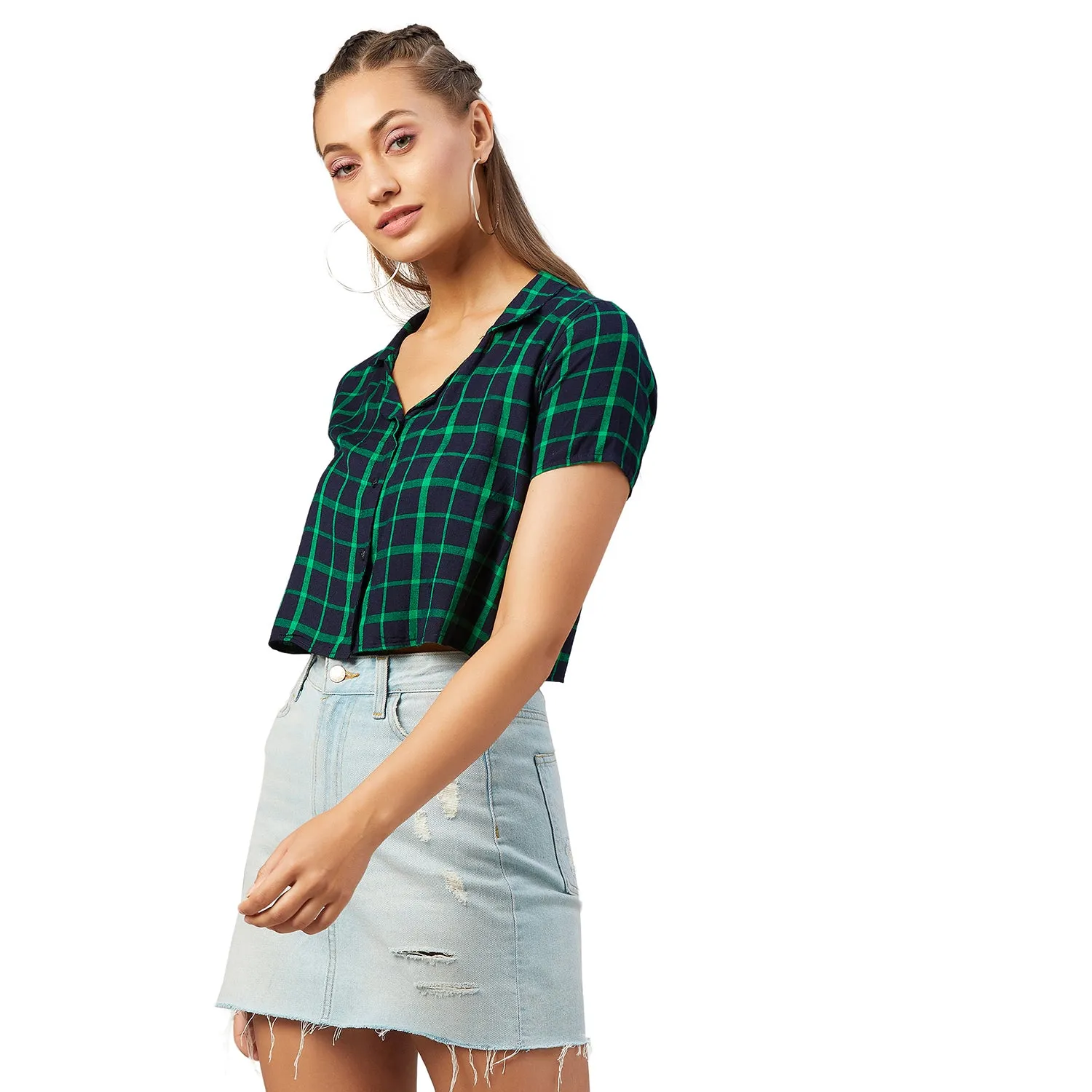 Chimpaaanzee Women Navy and Green Checkered Viscose Crop Shirt