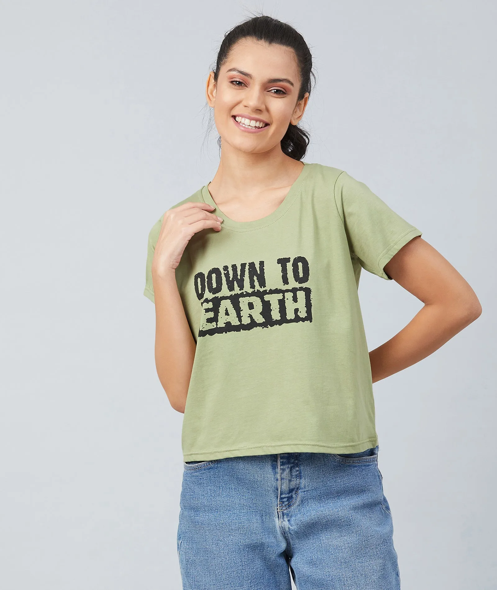 Chimpaaanzee Women Olive Green Round Neck T-shirt