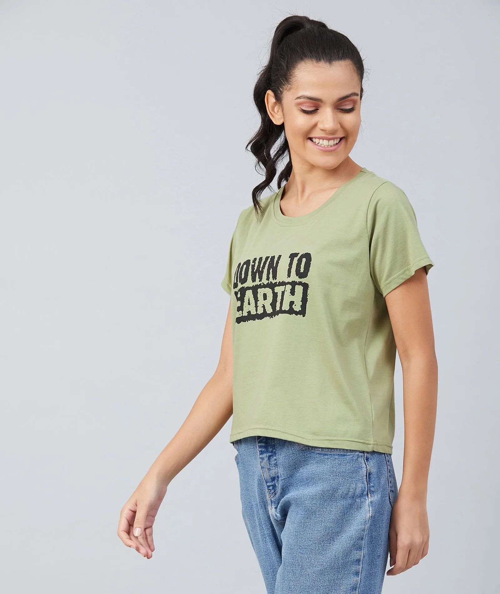 Chimpaaanzee Women Olive Green Round Neck T-shirt