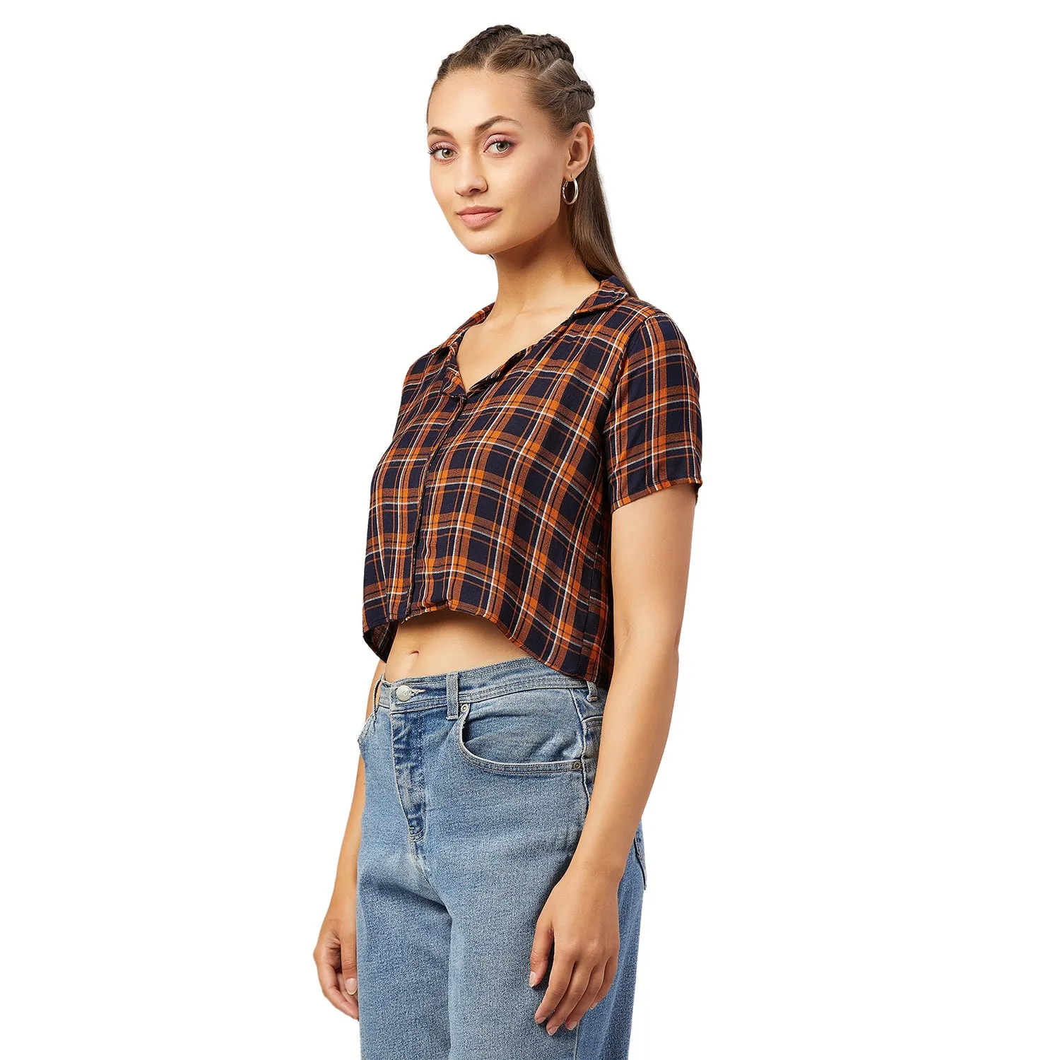 Chimpaaanzee Women Orange and Navy Checkered Viscose Crop Shirt