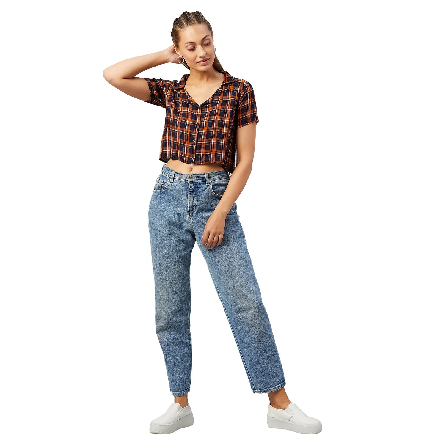 Chimpaaanzee Women Orange and Navy Checkered Viscose Crop Shirt