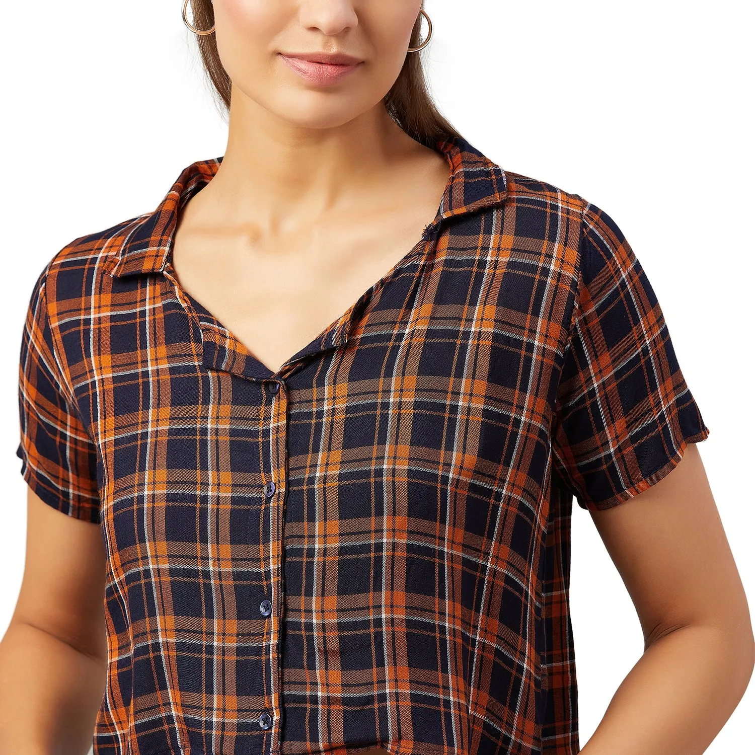 Chimpaaanzee Women Orange and Navy Checkered Viscose Crop Shirt