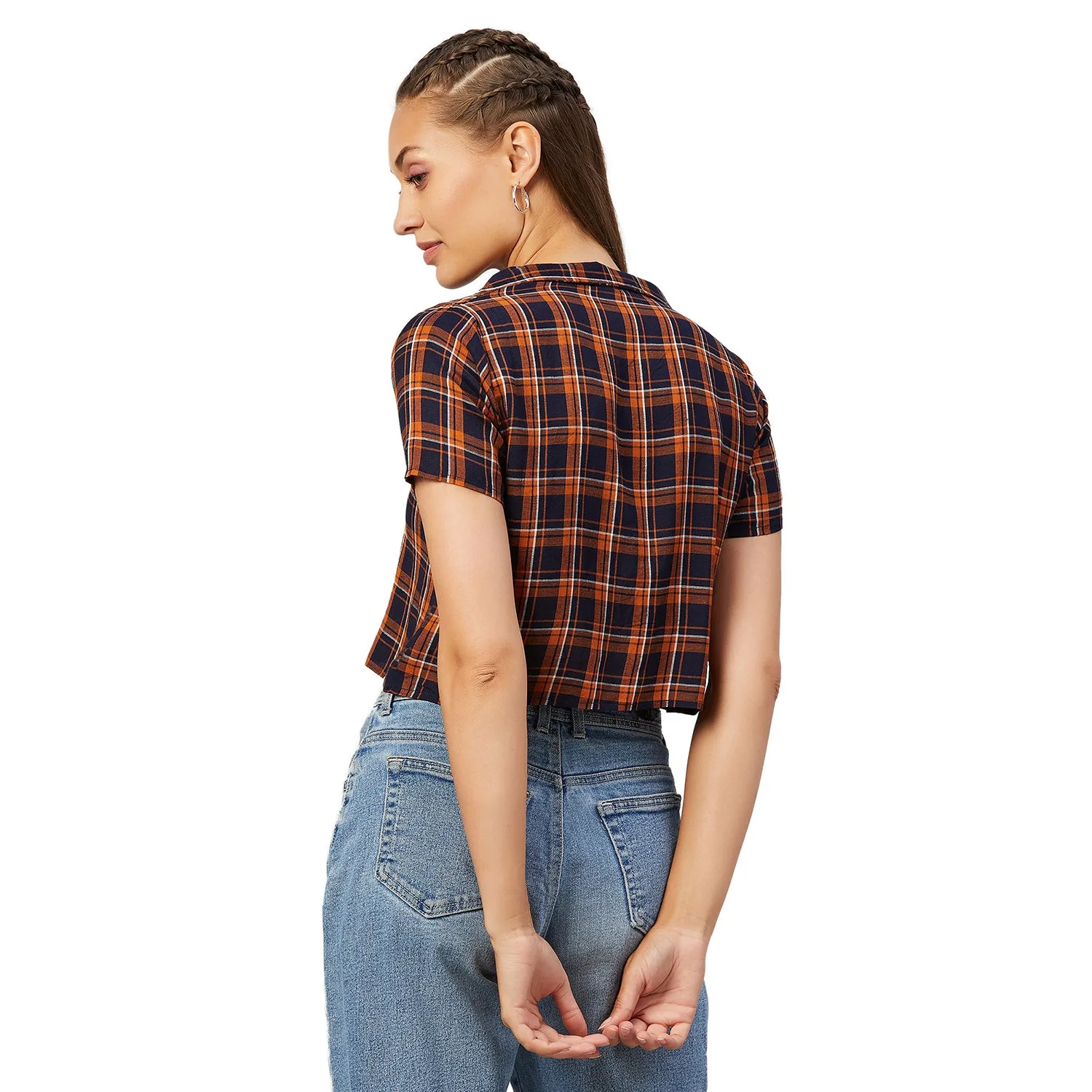 Chimpaaanzee Women Orange and Navy Checkered Viscose Crop Shirt