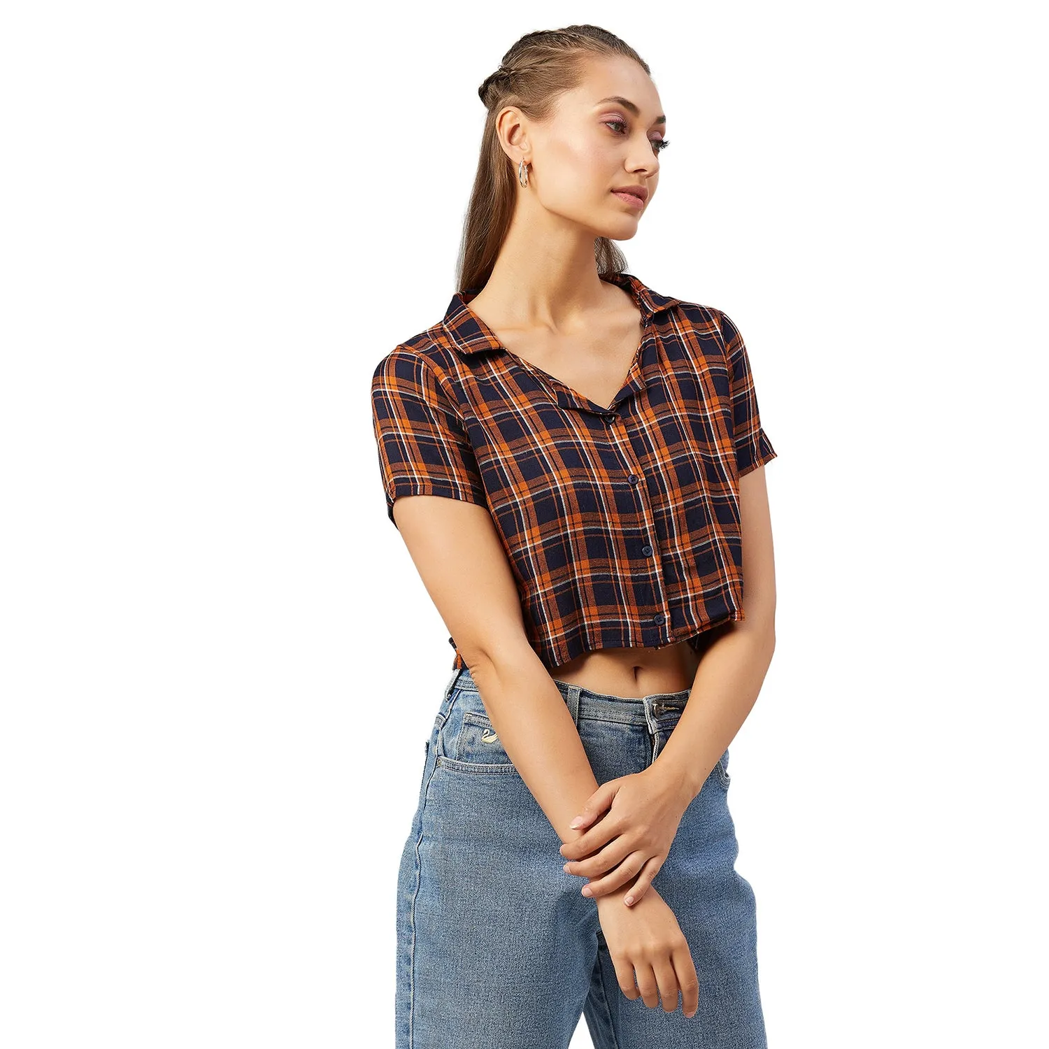 Chimpaaanzee Women Orange and Navy Checkered Viscose Crop Shirt