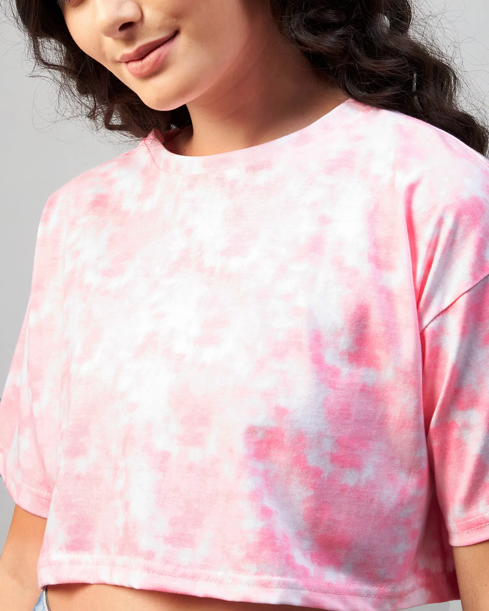 Chimpaaanzee Women Pink Tie & Dye Loose Fit Crop T-shirt