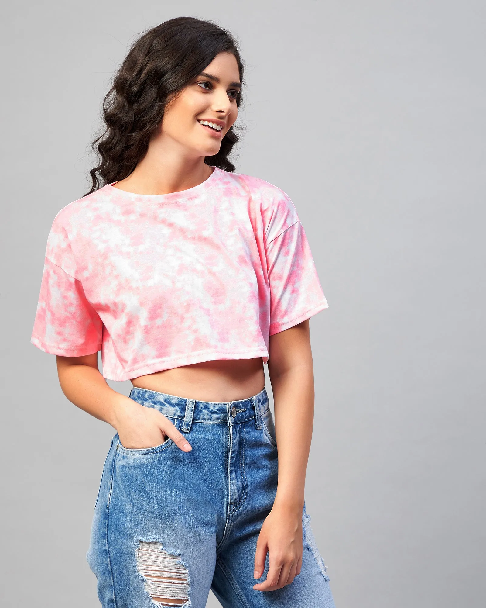 Chimpaaanzee Women Pink Tie & Dye Loose Fit Crop T-shirt