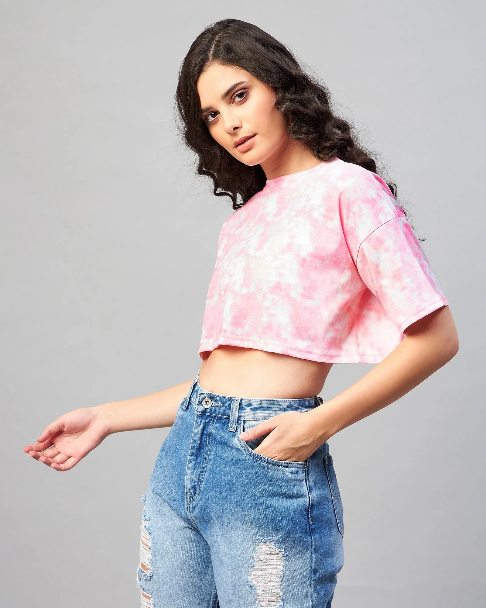 Chimpaaanzee Women Pink Tie & Dye Loose Fit Crop T-shirt