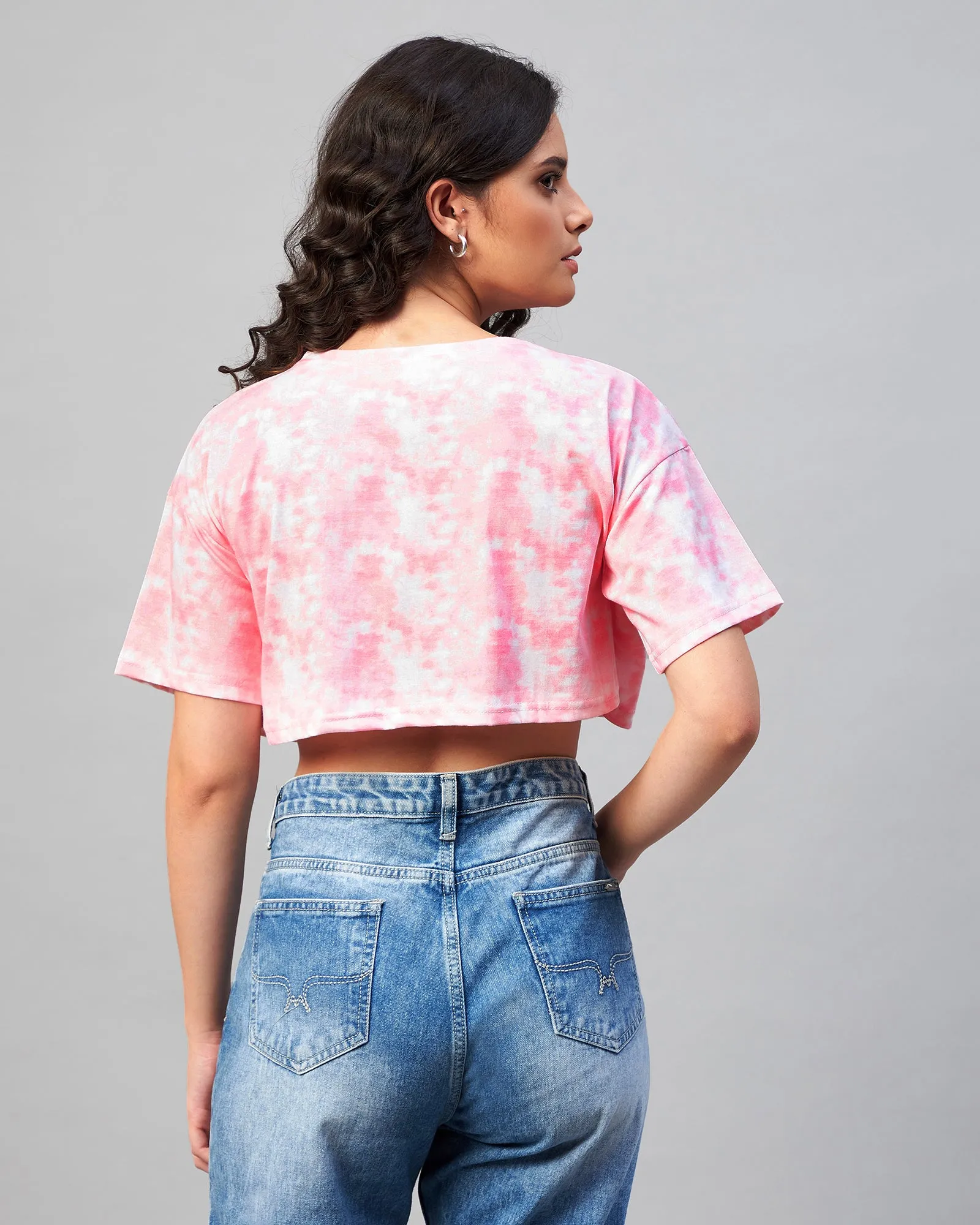 Chimpaaanzee Women Pink Tie & Dye Loose Fit Crop T-shirt