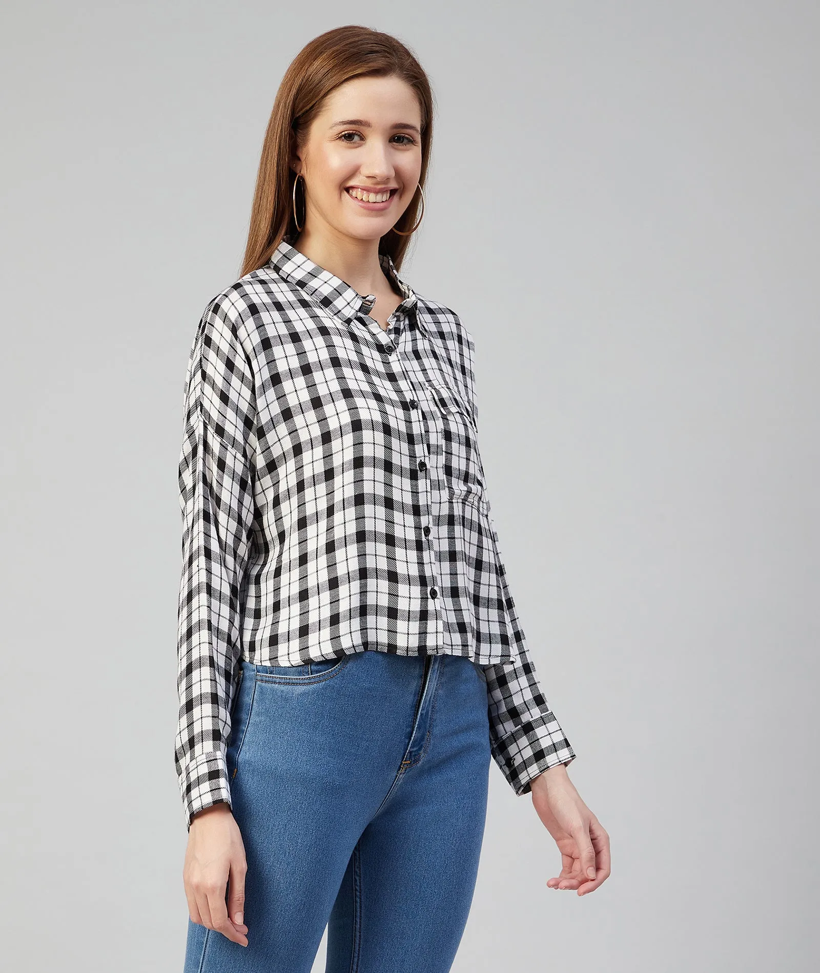 Chimpaaanzee Women Viscose Black and White Checkered Loose Fit Shirt