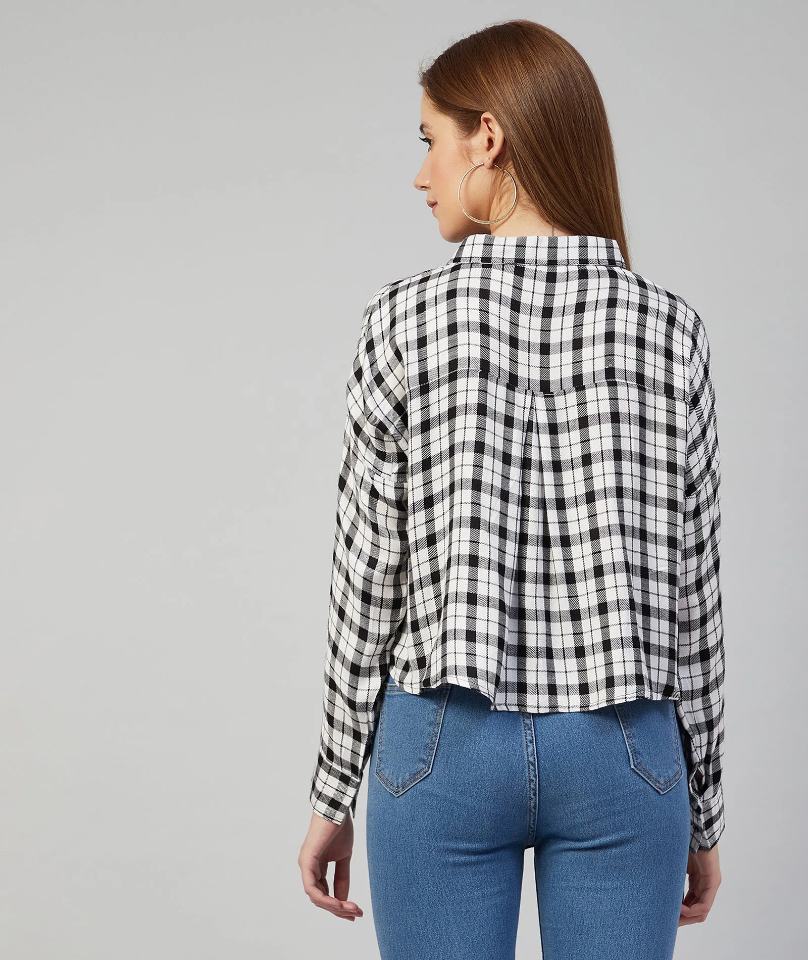 Chimpaaanzee Women Viscose Black and White Checkered Loose Fit Shirt