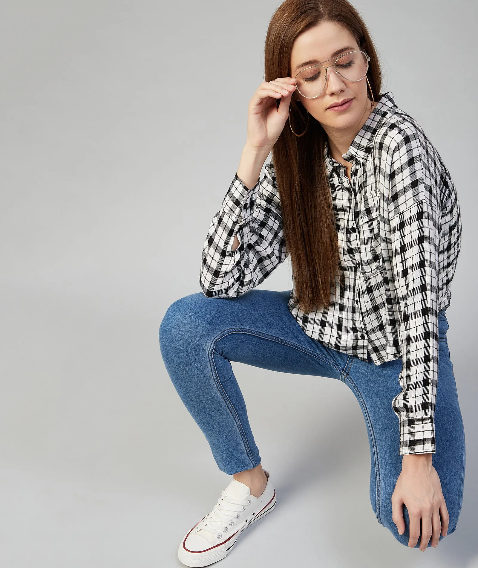 Chimpaaanzee Women Viscose Black and White Checkered Loose Fit Shirt