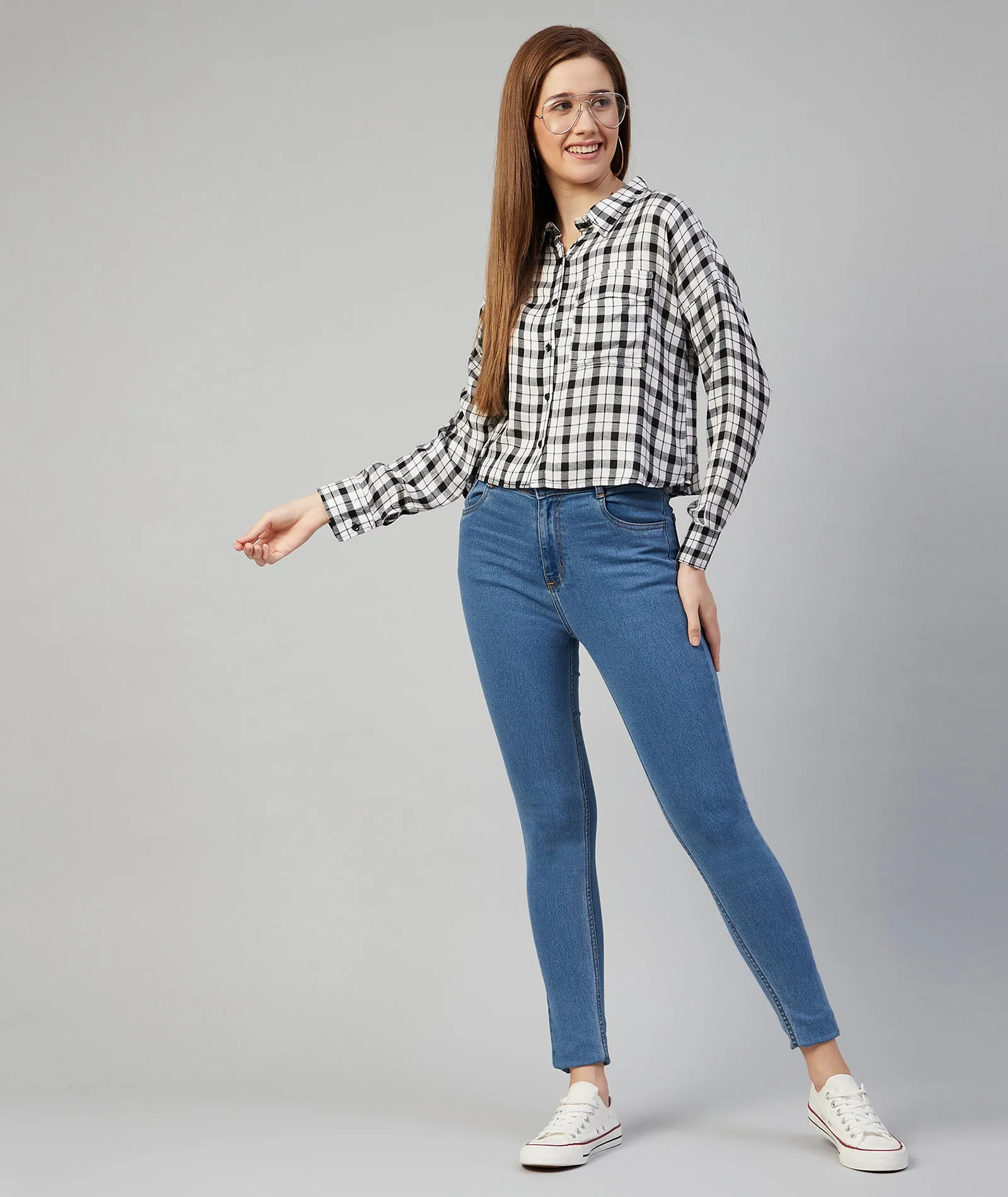 Chimpaaanzee Women Viscose Black and White Checkered Loose Fit Shirt