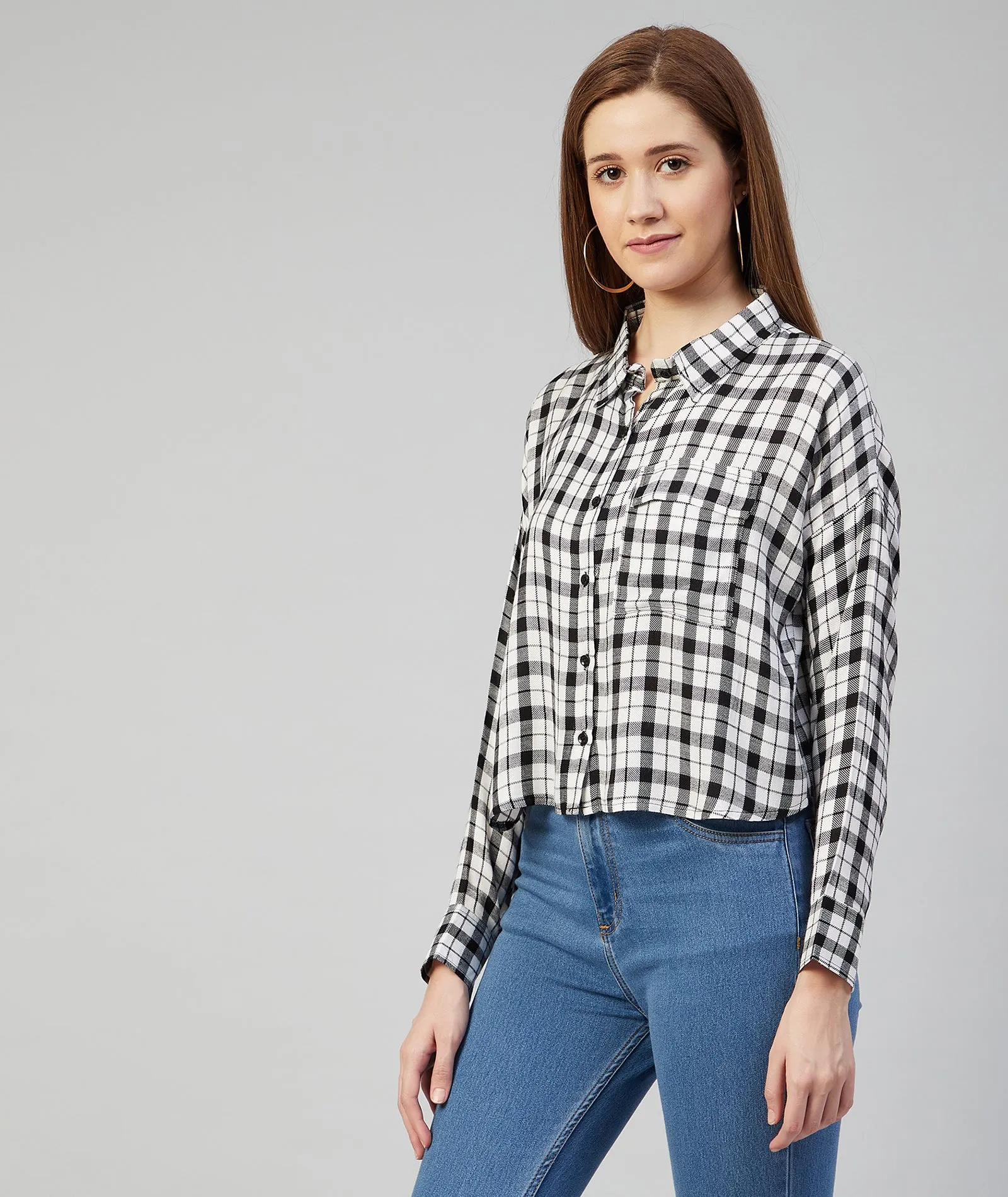 Chimpaaanzee Women Viscose Black and White Checkered Loose Fit Shirt