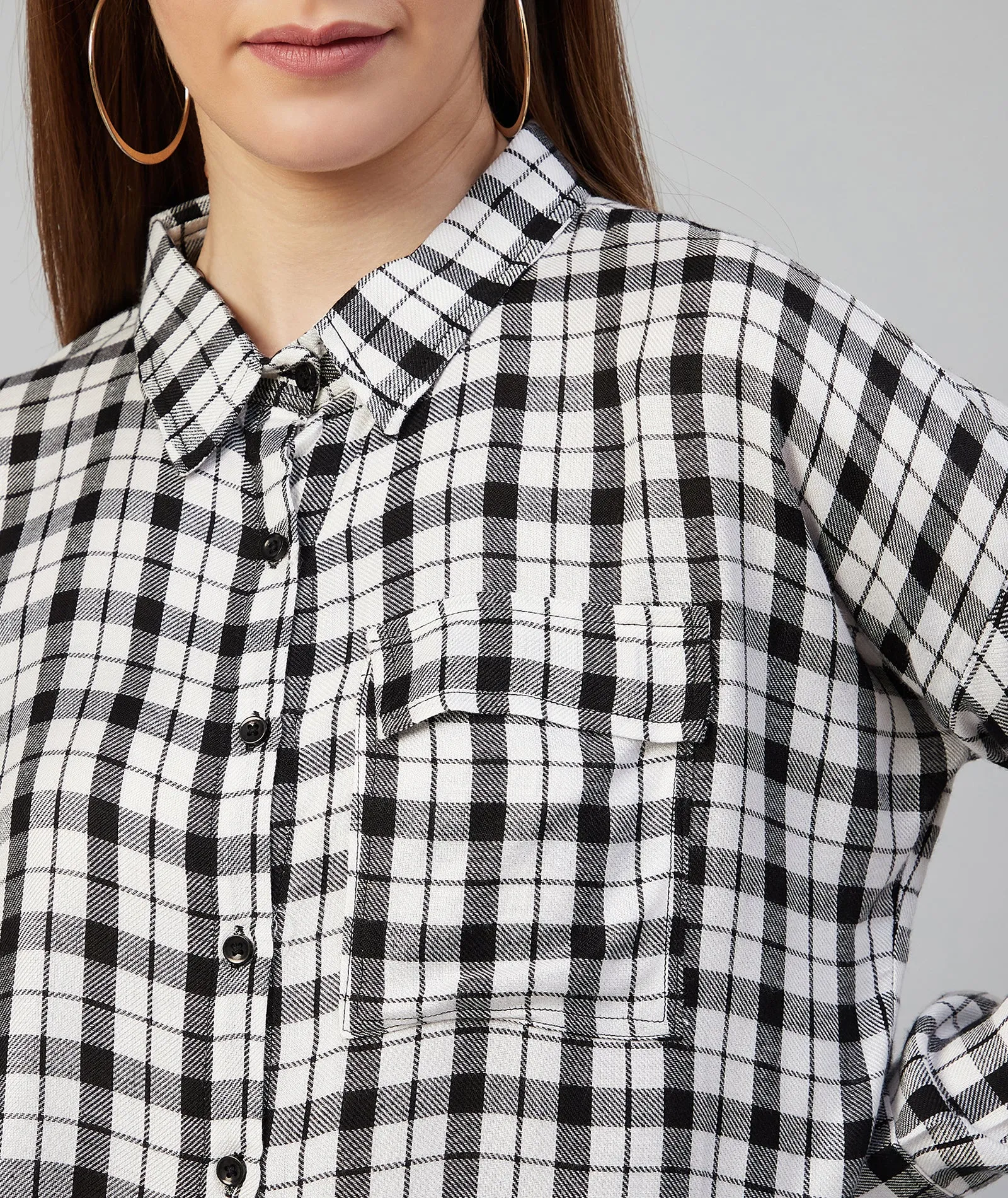 Chimpaaanzee Women Viscose Black and White Checkered Loose Fit Shirt