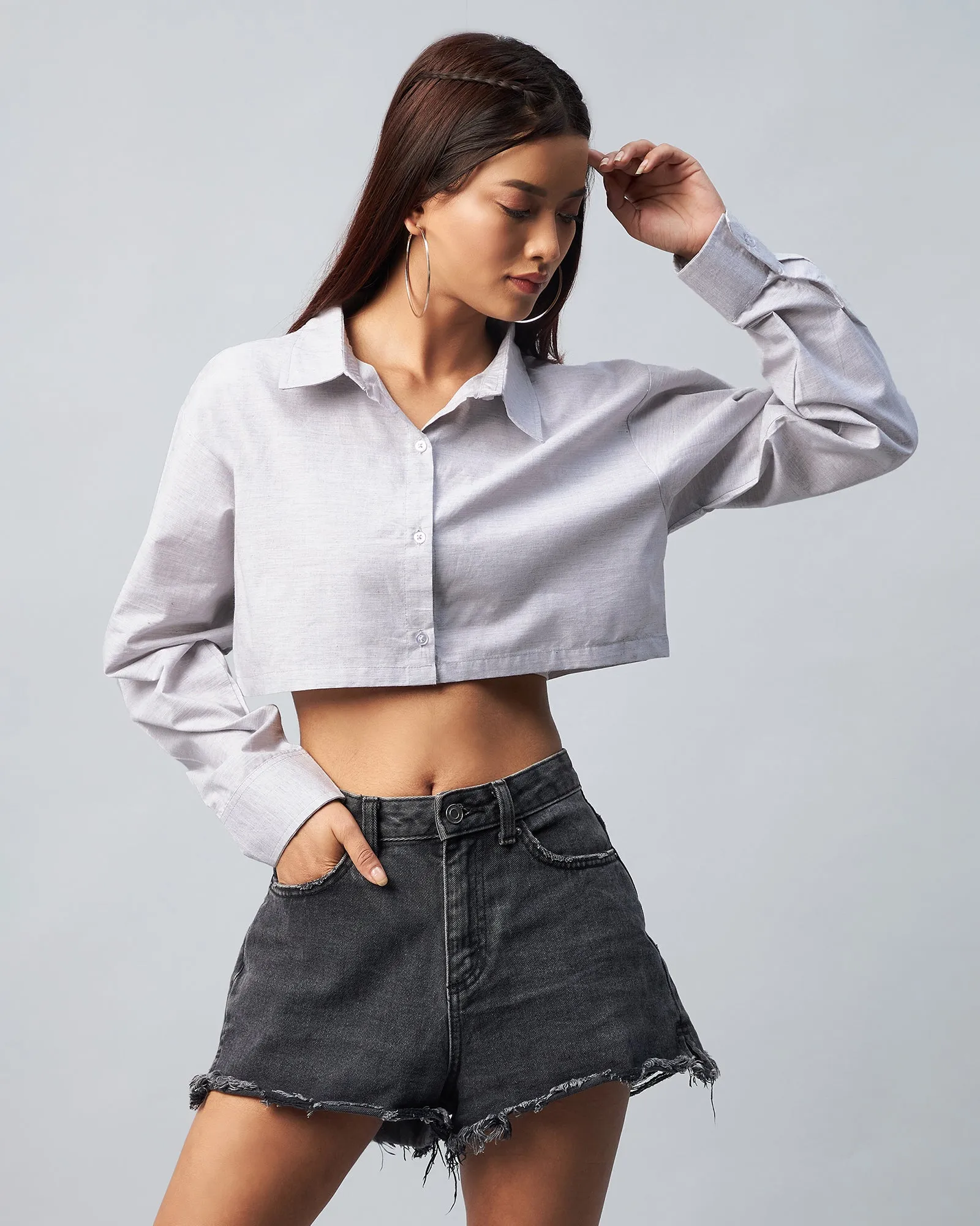 Chimpaaanzee Women Viscose Grey Solid  Fully Cropped Shirt