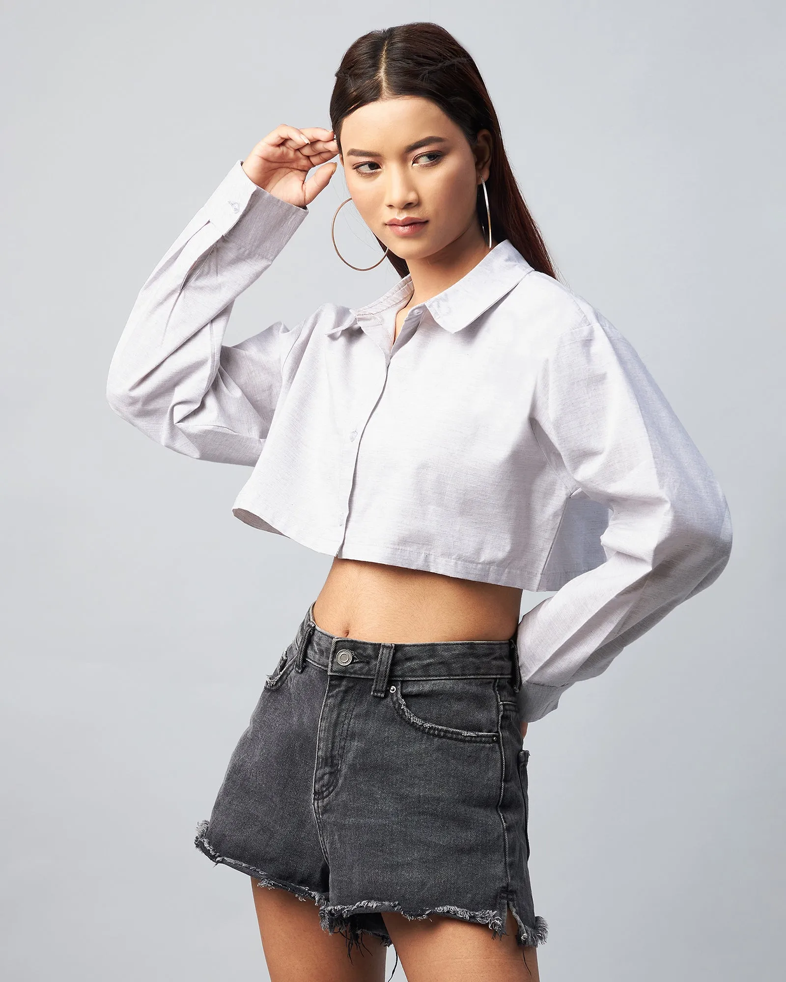 Chimpaaanzee Women Viscose Grey Solid  Fully Cropped Shirt