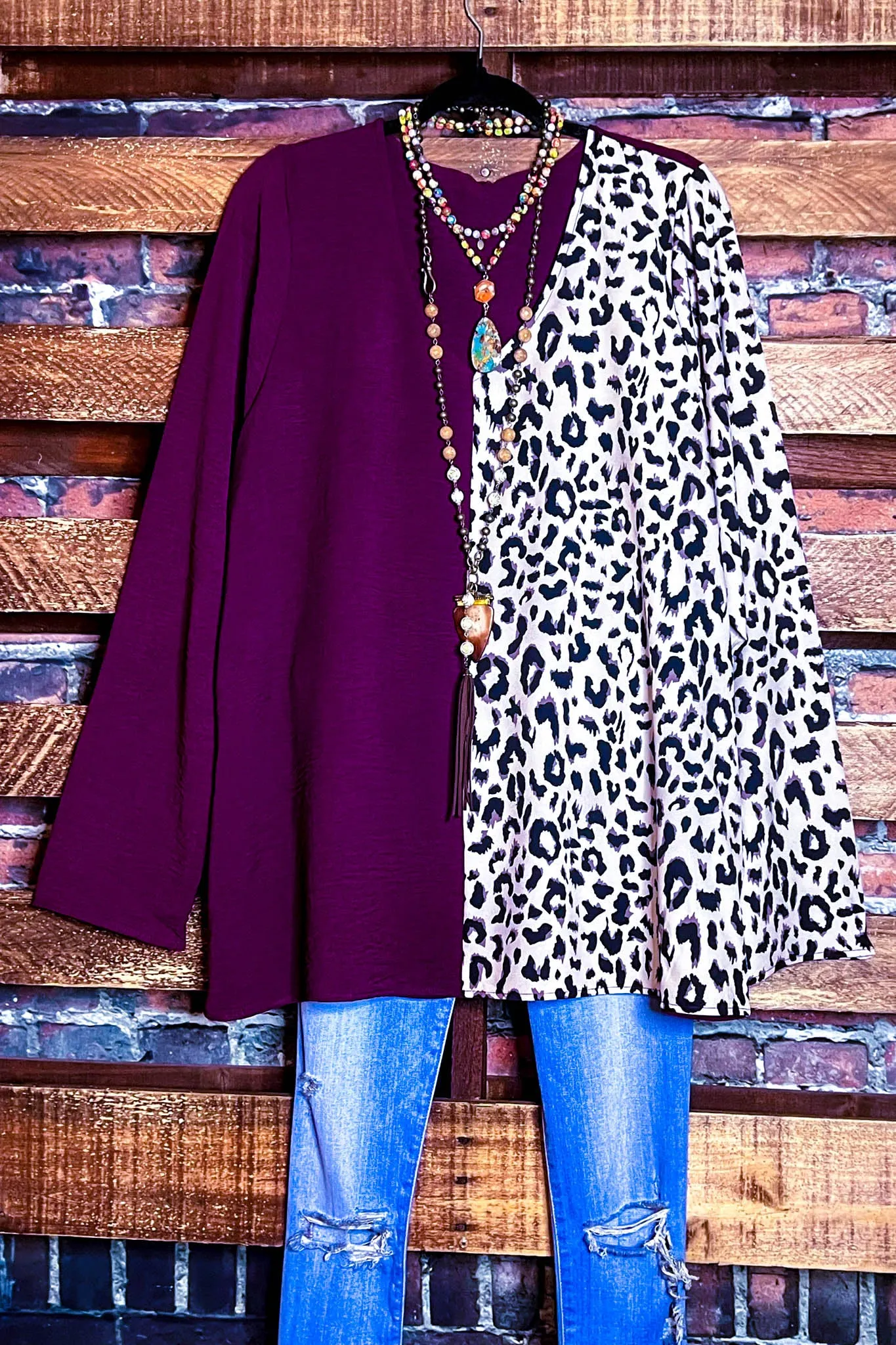 COMFORTABLE CHARM PLUM & LEOPARD PRINT TUNIC