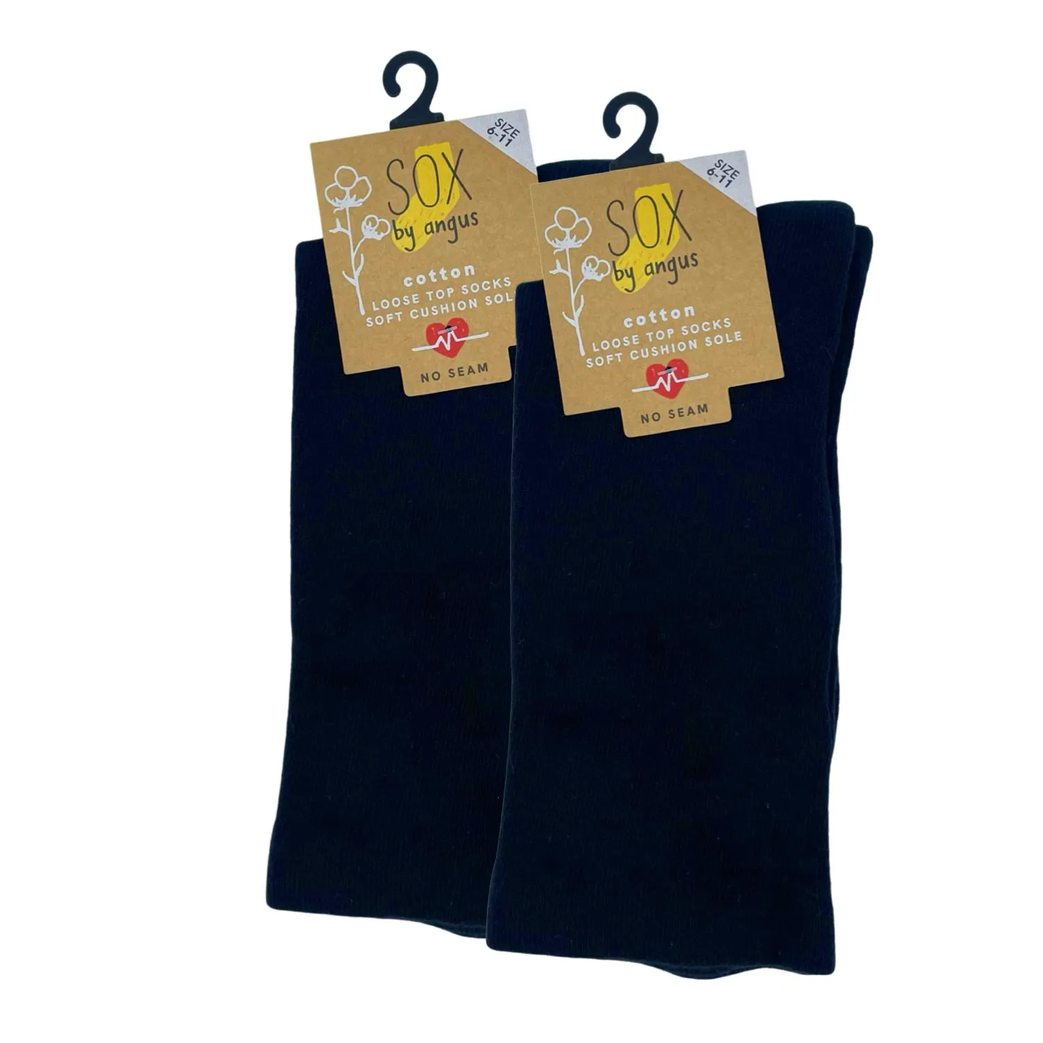 Cotton Plain Cushion Foot Loose Top Socks - Black - NO SEAM