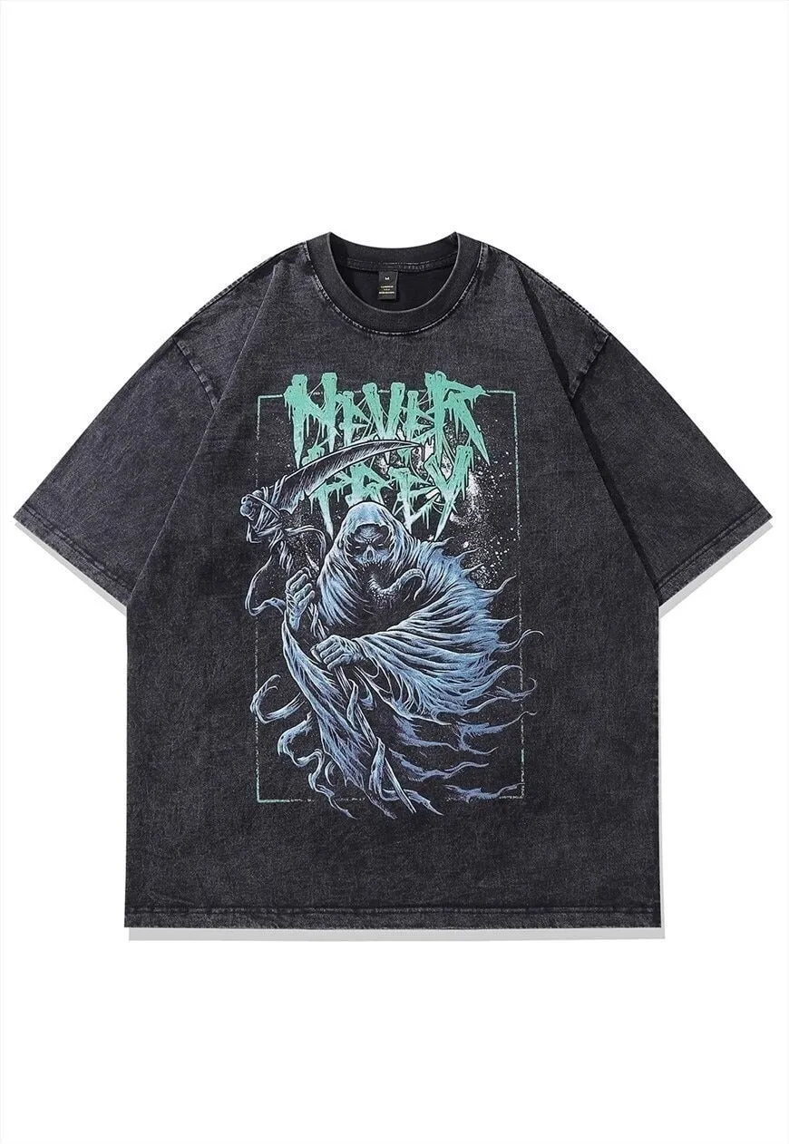 Creepy print t-shirt Star Grim reaper tee grunge top in grey