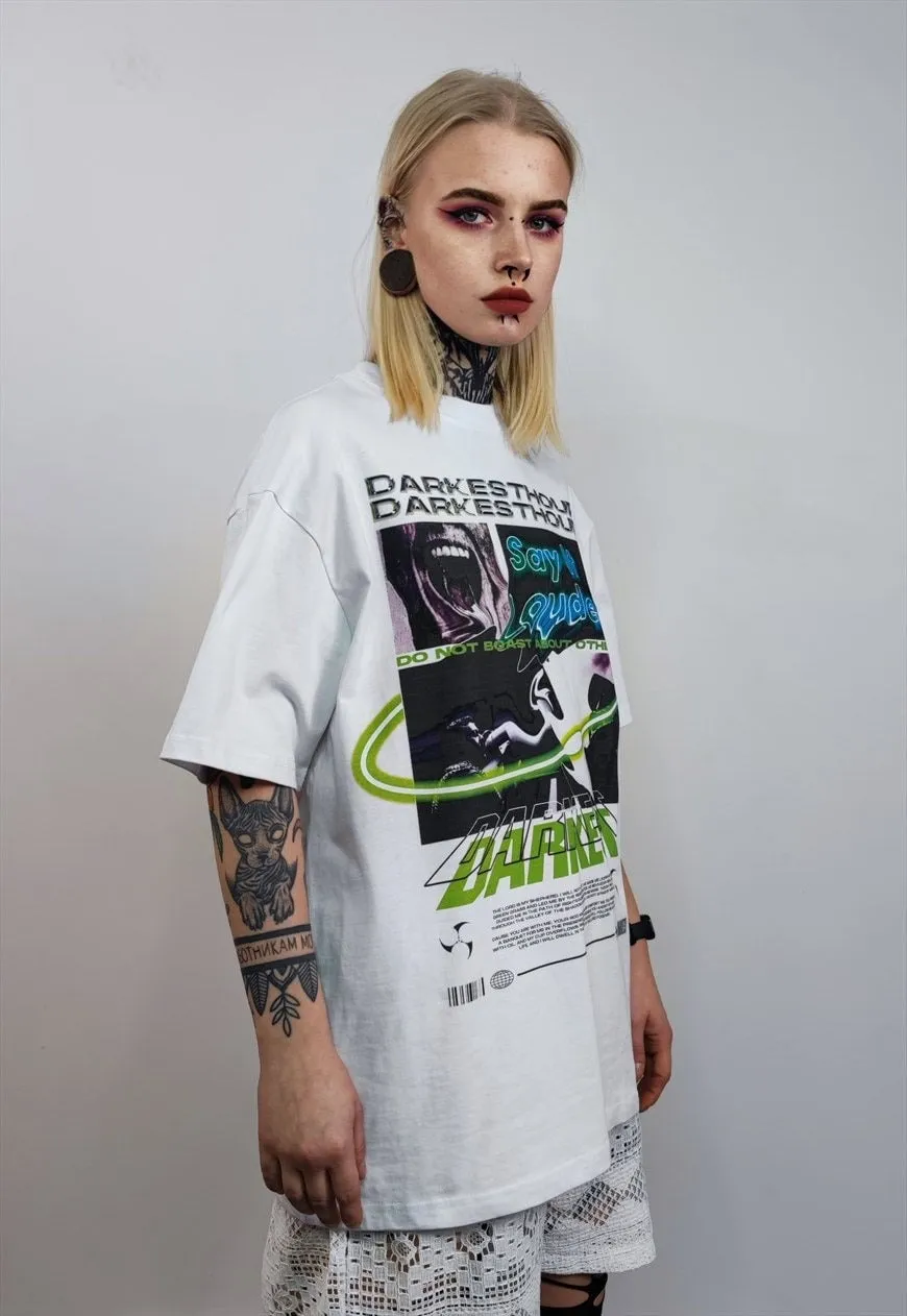 Creepy t-shirt raver graffiti tee grunge cyberpunk top white