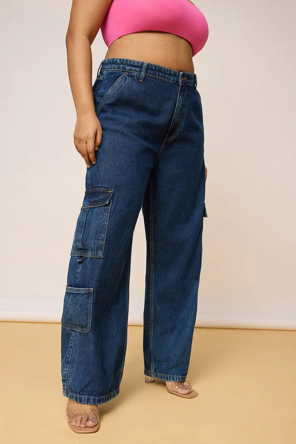 Curved Blue Denim Cargo Jeans