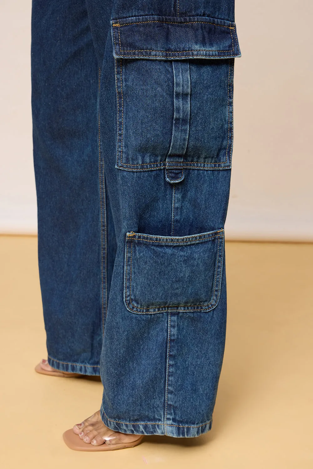 Curved Blue Denim Cargo Jeans